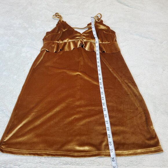 Honey Belle Gold Velvet Ruffle Romantic Coachella Preppy Slip Mini Dress Women M - Picture 4 of 9